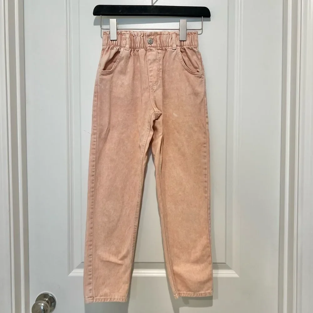 H&M Girl’s Relaxed Fit Elastic Waist Pull-on Jeans Pink Acid Washed Size 10